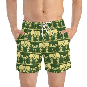 Retro tropische groene en gele Hula Girl heren zwembroek / Mid Century moderne Tiki Beach Party!