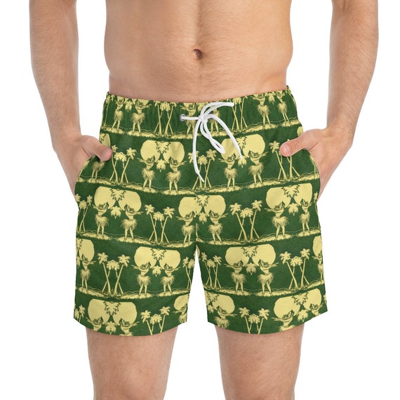 Retro Tropical Green and Yellow Hula Girl Mens Swim Trunks / Mid Century Modern Tiki Beach Party!