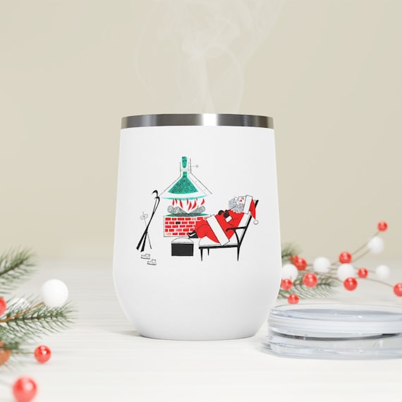Retro 50's MCM Santa 12oz Insulated Wine Tumbler, White and Stainless finish Mid Century Modern Christmas
