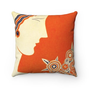Retro Art Deco 1920&#39;s Orange Woman and Flowers on Spun Polyester Square Pillow Case, 5 Sizes