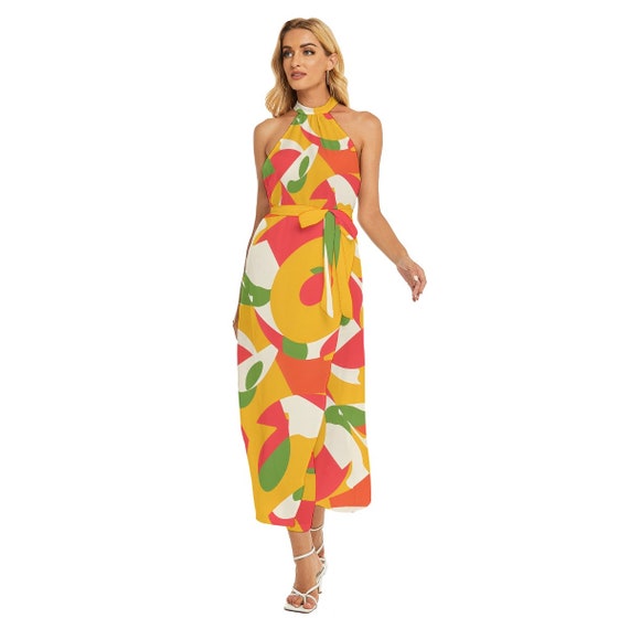 Retro 70s Swirling Color Explosion Wrap Hem Belted Halter Dress.  The Party Starts NOW
