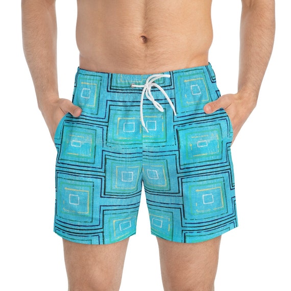 Retro Asian Block Print Squares Pattern Men's Swim Trunks /Retro Japanese Graphic