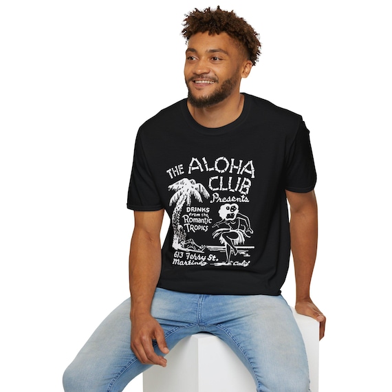 Retro Tiki Aloha Club Bar Softstyle T-Shirt, Mid Century Modern Tropical Tee, Vintage Vacation Shirt
