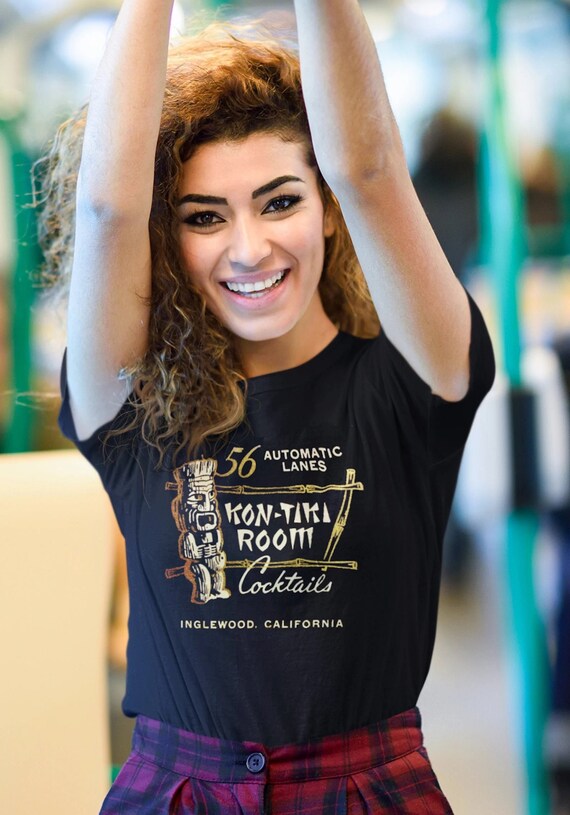 KON-TIKI ROOM Cocktails and Bowling on a Unisex Bella+Canvas Short Sleeve Tee Shirt Mid Century Modern Tropical Classic
