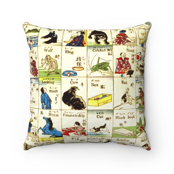 Japanese print, Tsunajima Kamekichi, Fashionable Melange of English Words from 1887 Spun Pillow Case