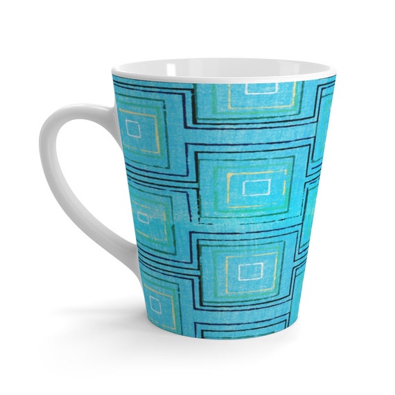 Retro Mid Century Modern BLUE Block Print retro wallpaper Latte mug