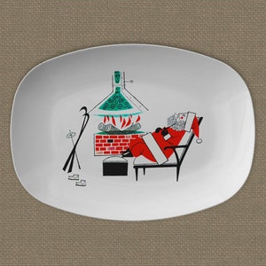 Retro Mid Century Modern Ski Lodge Santa Platter 10x14&quot; Christmas Cheer