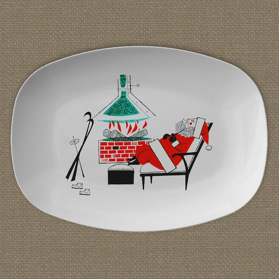 Retro Mid Century Modern Ski Lodge Santa Platter 10x14" Christmas Cheer