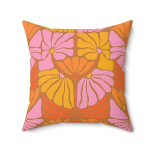 Retro 70s Orange Pink and Brown print on Spun Polyester Square Pillow Case,  in 5 Sizes