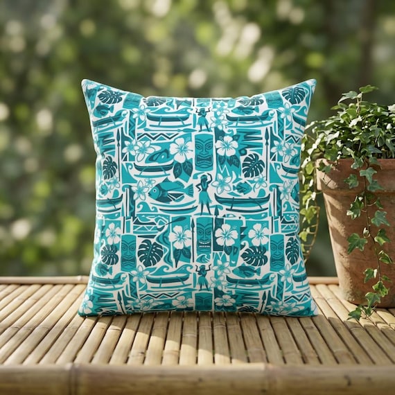 Teal Tropical Tiki Surf Pattern Pillow | Square Throw Pillow, Hawaiian Mid Century Modern Floral