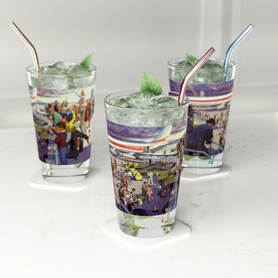 Pint Glass, Retro 50's At the Airport Pint Glass, 16oz, Mid Century Modern Jet Age Travel Perfect MCM Gift, Retro Glassware, Cocktail