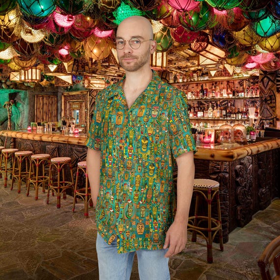 Hawaiian Shirt, Tiki Art Button-Down, Mid Century Modern, Retro Design Men's Shirt, Luau Party Apparel, Bright Tropical Gods, Vintage Style