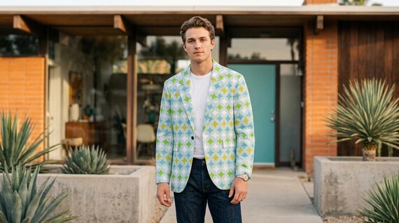 Retro MCM 60s COTTON Men's Blazer Mid Century Modern Blue and Green Hipness