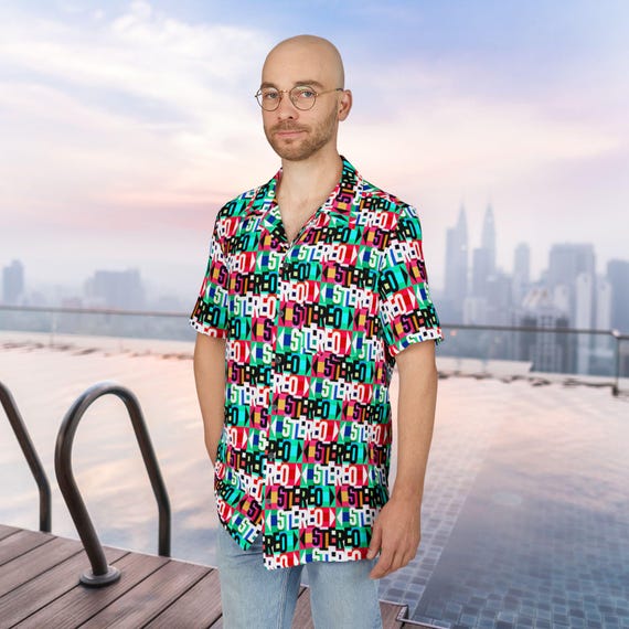 Colorful Hawaiian Button-Down Shirt, Retro Album Logo Top, Music Lover Gift, DJ Festival Wear, Vintage Record Tee