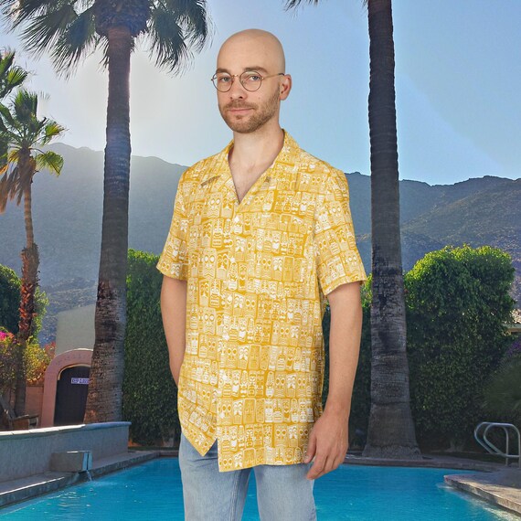 Hawaiian Shirt, Retro Tik Godsi Tropical Yellow and White, Mid Century Modern, Tiki Party, MCM, Men's Shirt