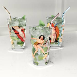 Retro Classic "TROPICAL" PinUps on a Pint Glass, 16oz, Retro 1940's Cheesecake, 3 on a glass, perfect gift for Pin up and Burlesque fans