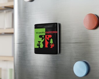 Retro Mid Century Modern Jahreszeitengrüße Porzellan Magnet, quadratisch / Mid Century Modern 1950er Jahre Weihnachtspracht für den Kühlschrank!