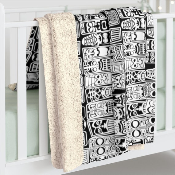Retro Tiki Mid Century Modern Tropical Black and White Sherpa Fleece Blanket, 2 sizes