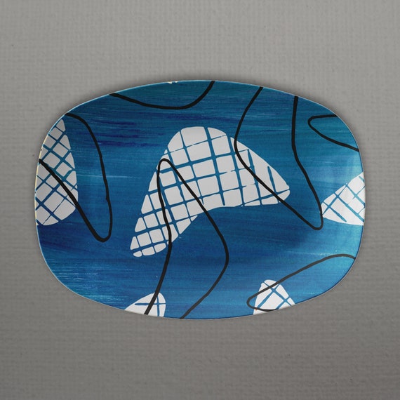 Retro Mid Century Modern "Boomerang" 10x14" PLATTER Dingbat style in Blue