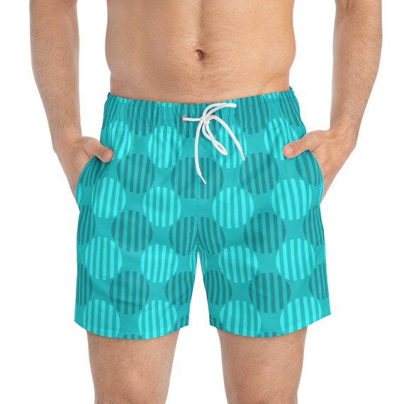 MCM Design Blue on Blue Mens Swim Trunks. Mid Century Modern Design at the Pool