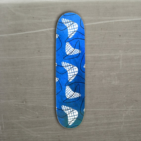 Retro Skateboard Deck, 50s Mid Century abstract BLUE and White Pattern