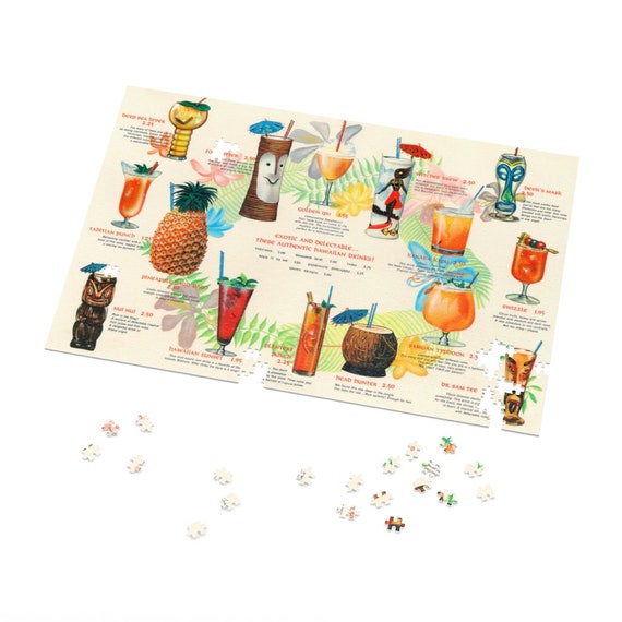 Retro Tropical Tiki Bar Drink Menu Jigsaw Puzzle (1000-Piece) Mid Century Modern Drinks in a metal box!