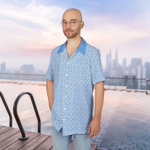 Mid Century Modern Breeze Block Hawaiian Shirt Retro Aloha Tiki Party Shirt in Powder Blue MCM Mens Tropical Vacation Shirt