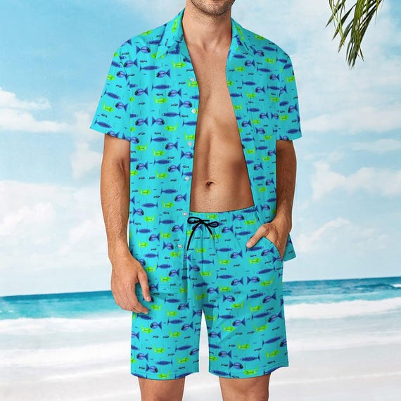 Men's Retro Fish Print Hawaiian Shirt and Shorts Set – Tropical Beach Resort Wear