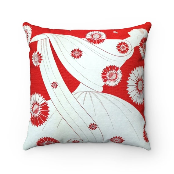 Retro Art Deco Erté Orange Red and Flowers on Spun Polyester Square Pillow Case, 5 Sizes