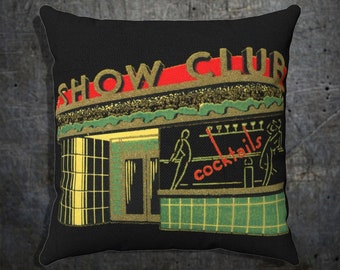 Retro Square Pillow Case, Art Deco Bar Show Club, 1930&#39;s on Spun Polyester
