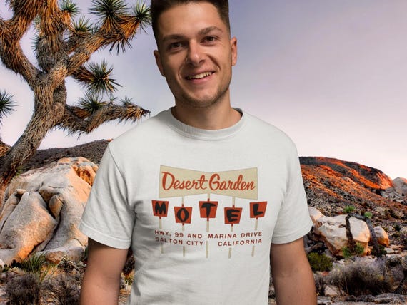 Retro MCM Desert Garden Motel Unisex Tee Shirt, Vintage 50s Bella+Canvas Short Sleeve T-Shirt, Mid Century Modern CA Souvenir, Sultan City