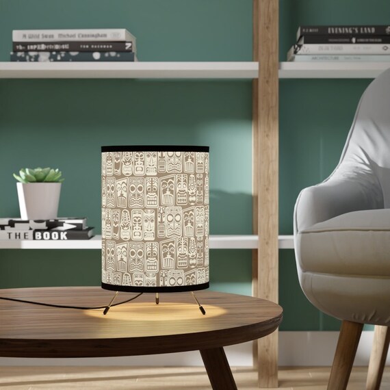 Retro Mid Century Modern Tropical Brown Tiki Tripod Lamp with High-Res Printed Shade, US/CA plug MCM Tiki Lifestyle!