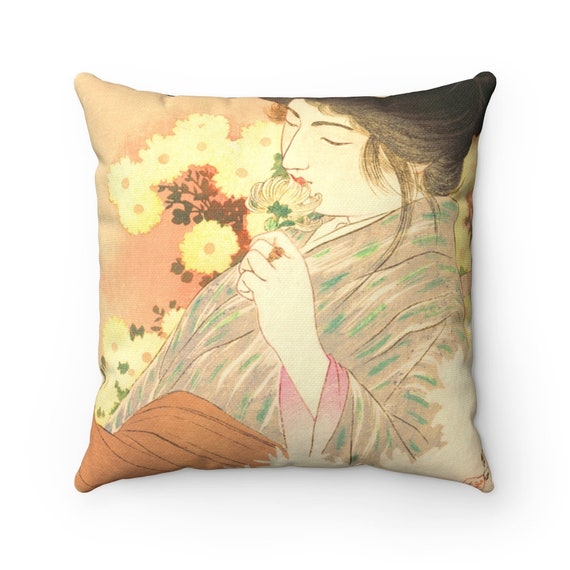 White Chrysanthemums on a Spun Polyester Square Pillow Case, (kiku no kaori Chinese,1902)