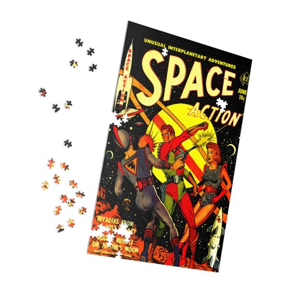 Retro Science Fiction SPACE ACTION cover Jigsaw Puzzle (252, 500 Or 1000-piece) Crime Pulp Comic Cover In A Metal Box!