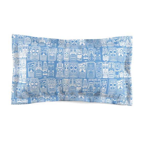 MCM Tiki God Sky Blue Pillow Sham, Retro 50's Style Microfiber Bedding, Mid Century Modern Tropical Decor, Vintage MCM Vibes