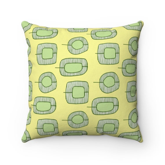 Retro  Square Pillow Case, Mid Century Modern Yellow and Green Pattern Spun Polyester 4 sizes