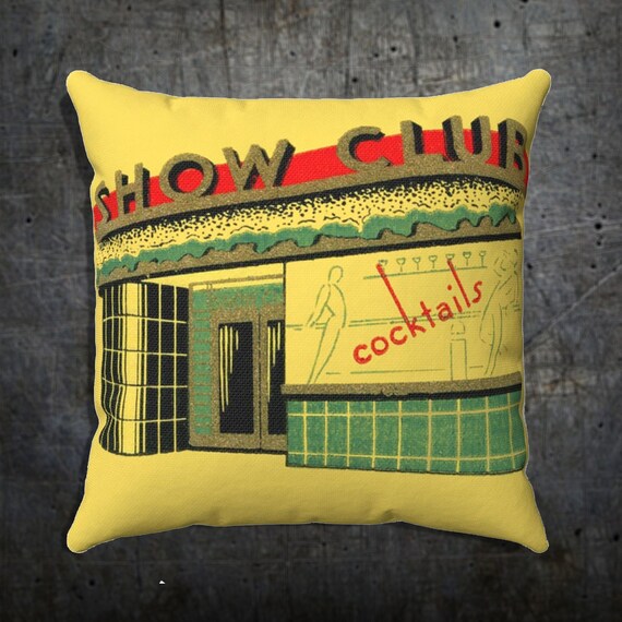 Retro Art Deco Bar Show Club, on Yellow from 1930's on Spun Polyester Square Pillow Case