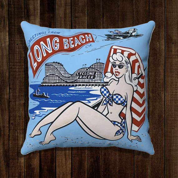 Retro Long Beach California Vacation Spun Polyester Square Pillow Case
