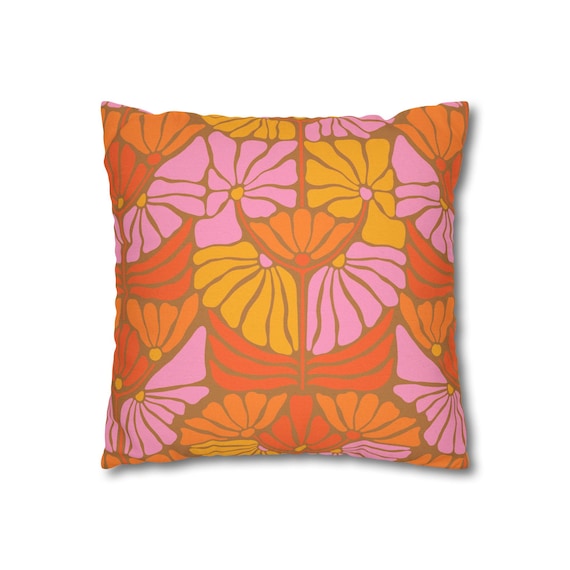 Retro 70s Square Pillowcase, Spun Polyester Orange Pink Brown Print in 5 Sizes, Home Decor Gift, Throw Pillow Cover, Boho Chic Cushion Case