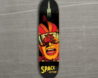 SPACE ACTION! Skateboard Deck, Science Fiction Space Comic Book Super Hero