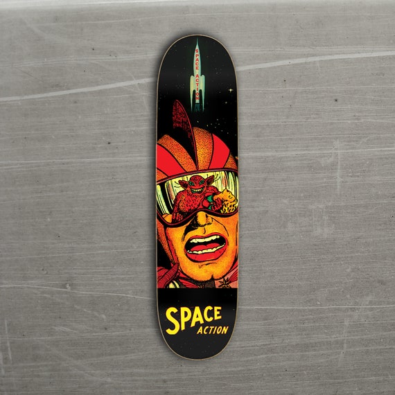 SPACE ACTION! Skateboard Deck, Science Fiction Space Comic Book Super Hero