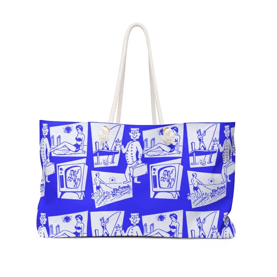 Retro  Mid Century Modern Vacation Blue Weekender Bag.  (Let's Go on a Trip!)
