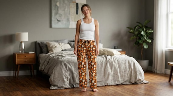 Retro 60s Mod Pajama Pants: Brown Geometric Print Sleepwear