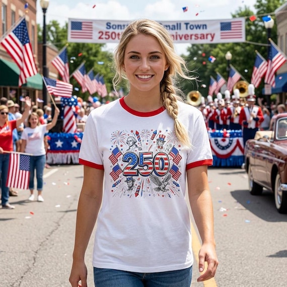 250 Celebration Patriotic Fireworks American Flags Ringer Tee