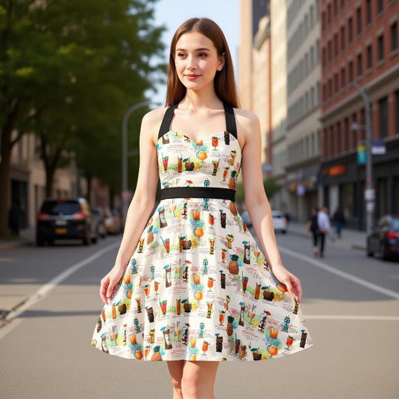 Retro Tiki Drink Menu Halter Skater Dress | Mid Century Modern RockabillyParty Dress | Tropical Tiki Bar Vintage Hawaiian Resort Wear