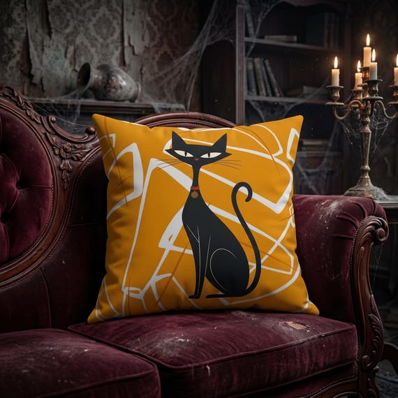 Retro Black Cat Mid Century Modern Pillow | Hallow-weenie Orange Square Throw Pillow