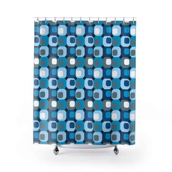 Retro Mid Century Modern Blue and White Shower Curtain / 71" x 74" / For your MCM 1950's Bathroom