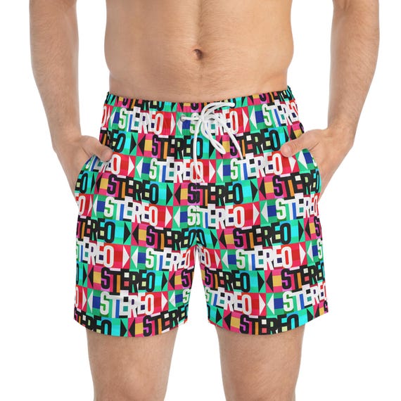 Colorful Stereo Swim Trunks, Retro Album Logo STEREO logo, Music Lover Gift, DJ Festival Wear, Vintage Record Swim suit