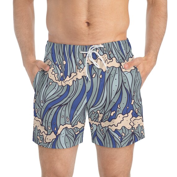 Retro Asian Block Print Wave Pattern Men's Swim Trunks /Retro Japanese Graphic