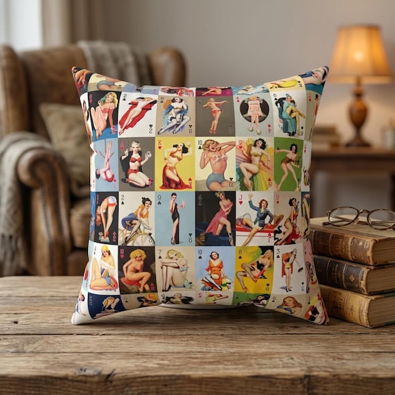 Vintage Pin-Up Playing Cards Pillow Square Pillow | Retro Pinup Throw